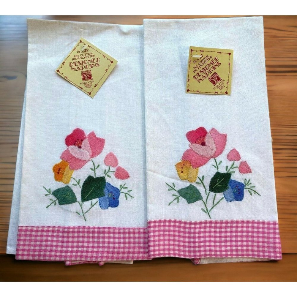 Floral Bouquet Napkins Set Pink Gingham Applique Kitchen Decor Flowers 14 x 22